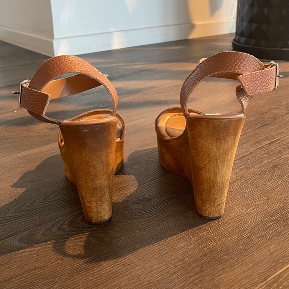 Steve Madden 6.5 / 37 Belma Tan Leather Wood Wedge platform sandal cognac brown - Picture 8 of 15